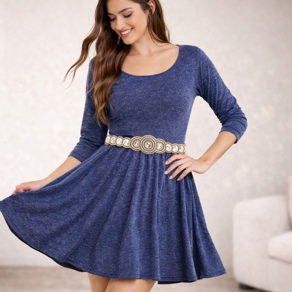 Modern Feminine XS Fit and Flare Dress Knit Beaded‎ Belt Heathered Blue